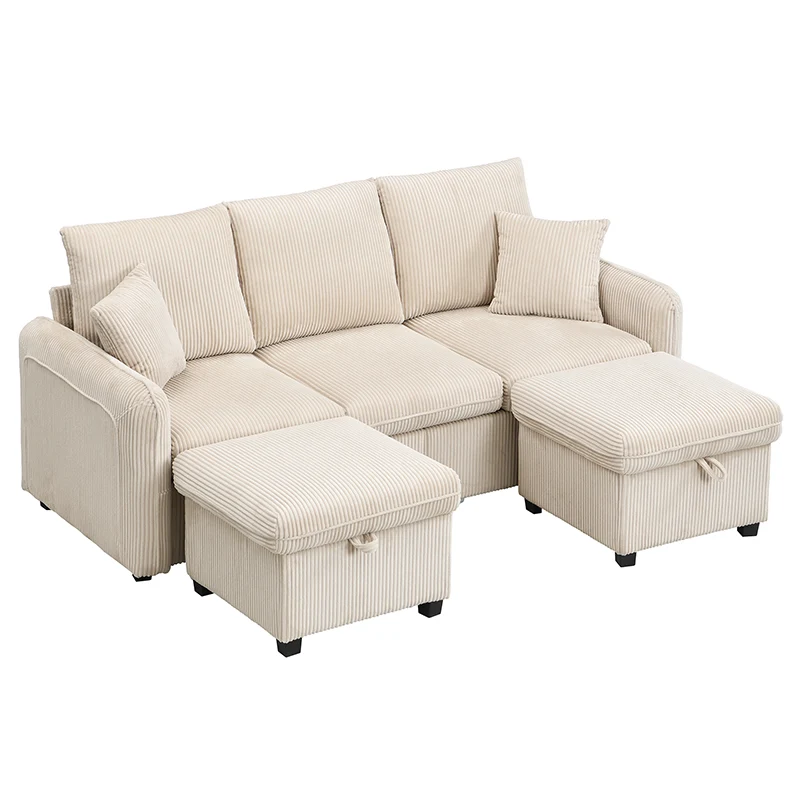 Canapé d'angle beige en forme de U 3 places avec rangement, canapé modulaire multifonction en velours côtelé