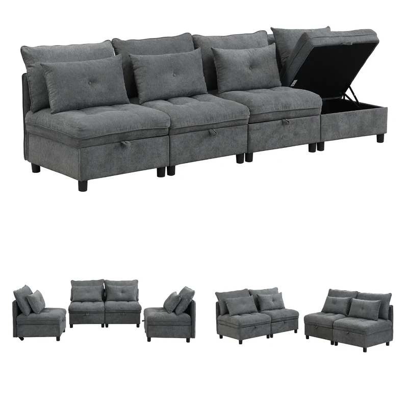 Ensemble de canapés modulables et séparables 4 places avec rangement, revêtu de chenille, gris