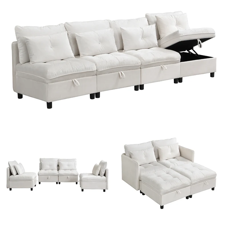 Ensemble de canapés modulables et séparables 4 places avec rangement, revêtu de chenille, beige