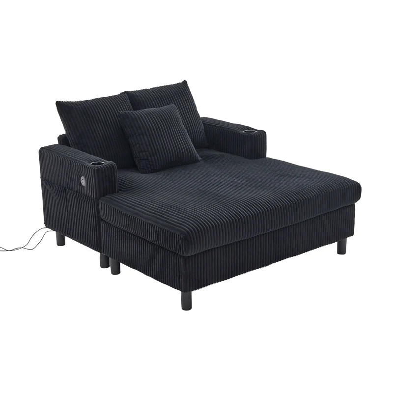 Canapé lounge en velours côtelé souple avec ports USB et éclairage d'ambiance LED, noir