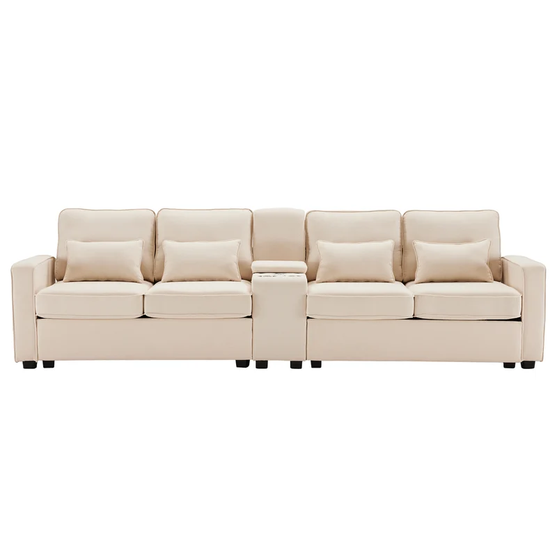 Canapé 4 places avec console et coussins en lin moderne, beige