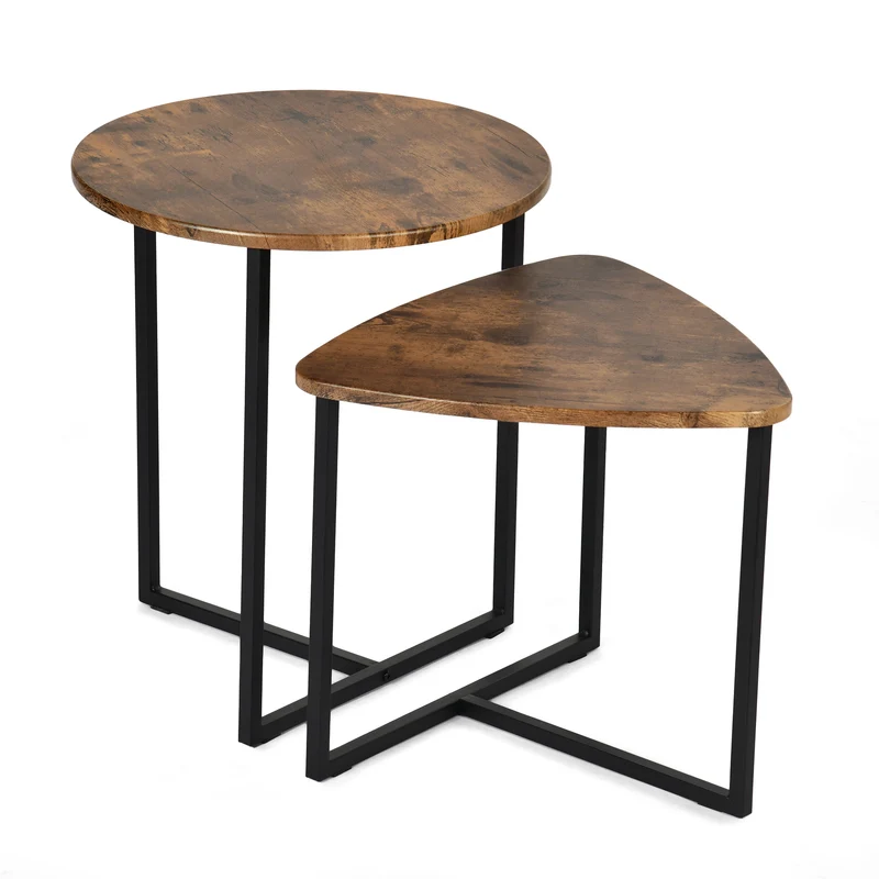 Lot de 2 tables basses gigognes style vintage et industriel en métal noir et bois imitation bois - LAYA VINTAGE