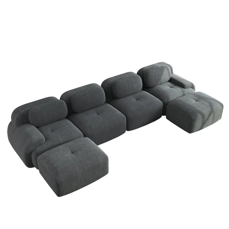Ensemble de canapés avec accoudoirs incurvés et base antidérapante en tissu velours côtelé doux pour le salon, gris, siège 4+tabouret 2