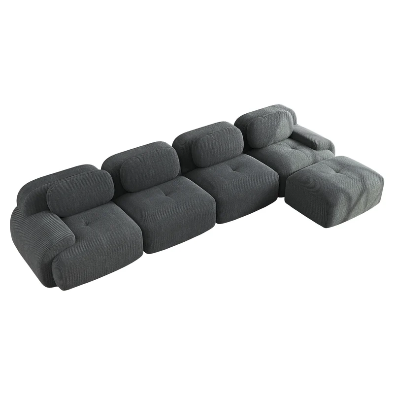 Ensemble de canapés avec accoudoirs incurvés et base antidérapante en tissu velours côtelé doux pour le salon, gris, siège 4+tabouret 1
