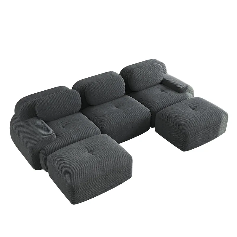 Ensemble de canapés avec accoudoirs incurvés et base antidérapante en tissu velours côtelé doux pour le salon, gris, siège 3 + tabouret 2