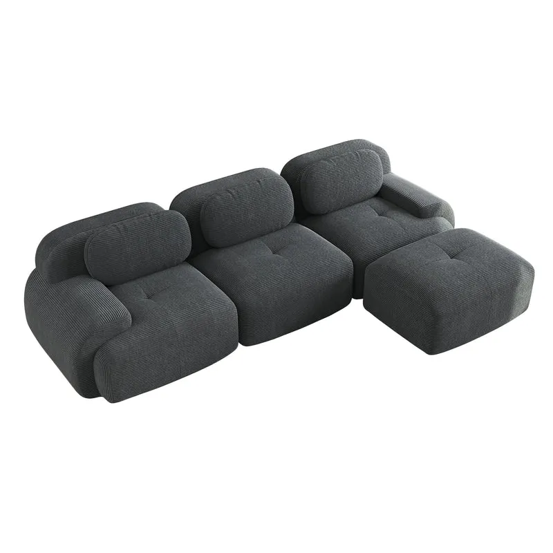 Ensemble de canapés avec accoudoirs incurvés et base antidérapante en tissu velours côtelé doux pour le salon, gris, siège 3 + tabouret 1