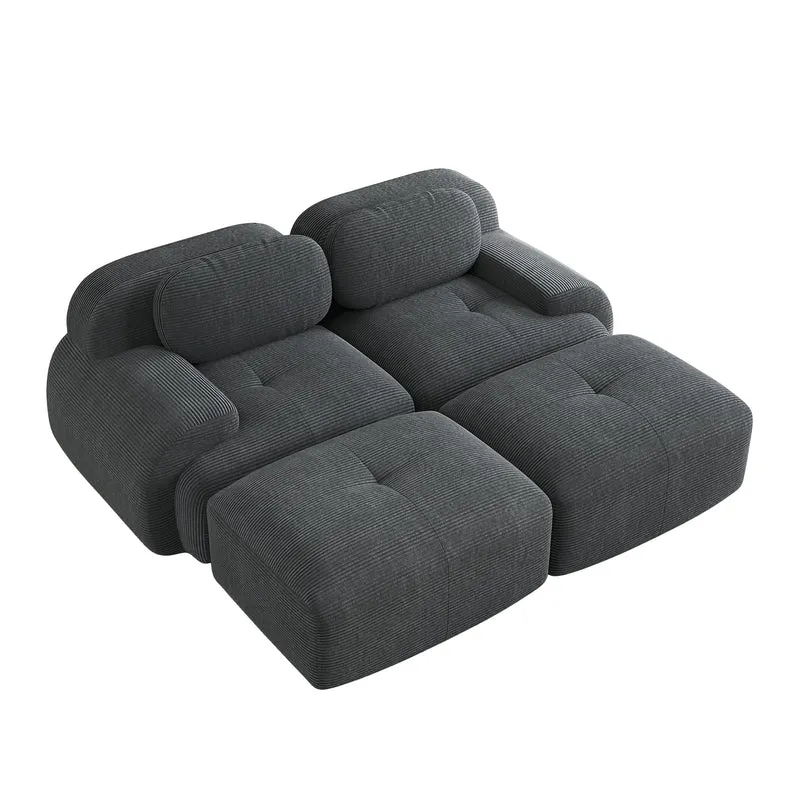 Ensemble de canapés avec accoudoirs incurvés et base antidérapante en tissu velours côtelé doux pour le salon, gris, siège 2 + tabouret 2