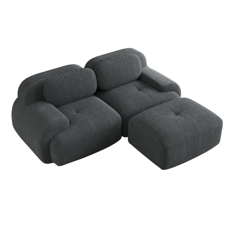 Ensemble de canapés avec accoudoirs incurvés et base antidérapante en tissu velours côtelé doux pour le salon, gris, siège 2 + tabouret 1