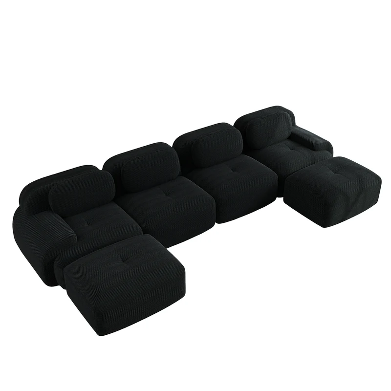 Ensemble de canapés avec accoudoirs incurvés et base antidérapante en tissu velours côtelé doux pour le salon, noir, siège 4+tabouret 2