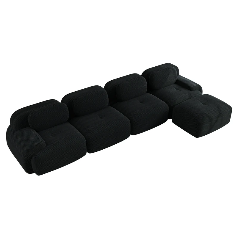 Ensemble de canapés avec accoudoirs incurvés et base antidérapante en tissu velours côtelé doux pour le salon, noir, siège 4+tabouret 1