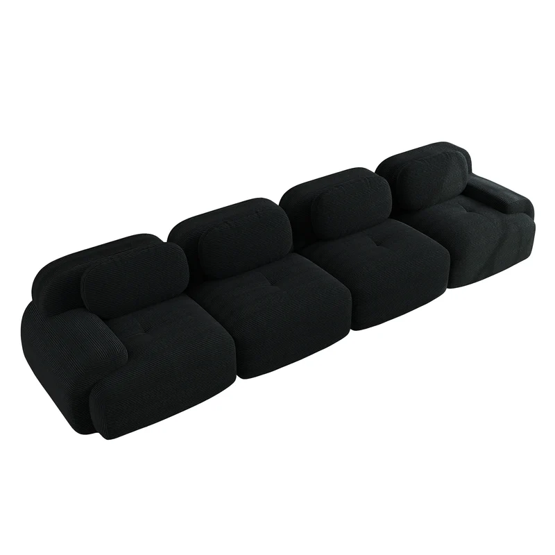 Ensemble de canapés avec accoudoirs incurvés et base antidérapante en tissu velours côtelé doux pour le salon, noir, siège 4