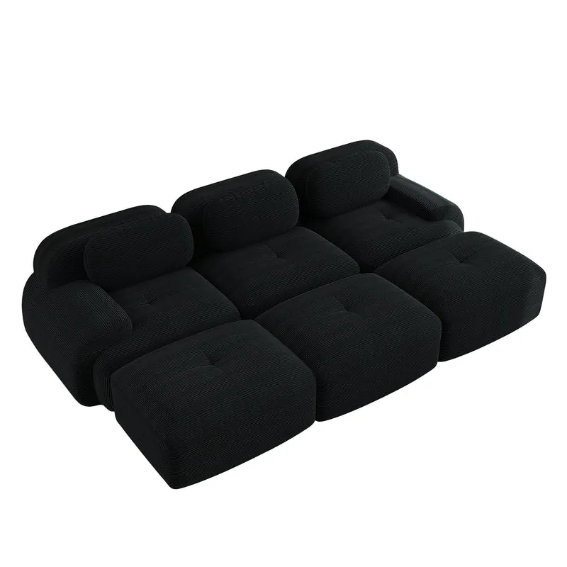Ensemble de canapés avec accoudoirs incurvés et base antidérapante en tissu velours côtelé doux pour le salon, noir, siège 3 + tabouret 3