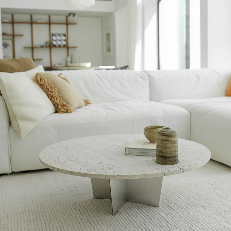 Table basse ronde Bonzac - 90 cm - Acier inoxydable - Travertin blanc - Non rempli