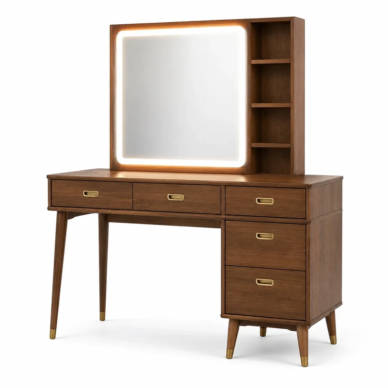 Coiffeuse en bois de noyer avec miroir LED et rangement