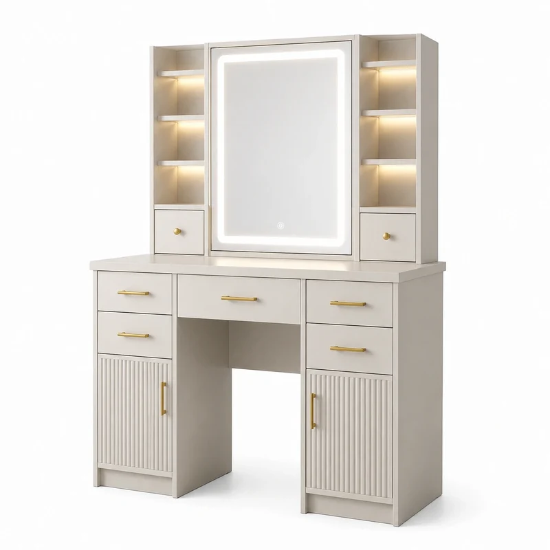 Coiffeuse en bois MDF avec miroir LED et rangement beige