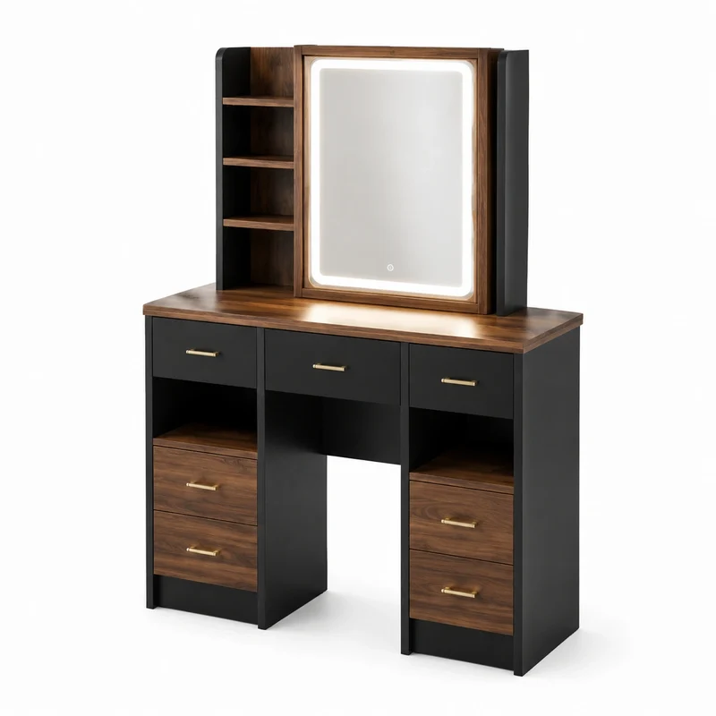 Coiffeuse en bois et métal noir avec miroir éclairé LED