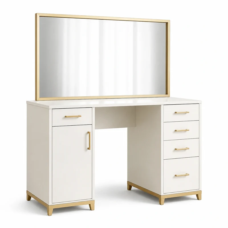 Coiffeuse en bois avec miroir rectangulaire et pieds en métal doré