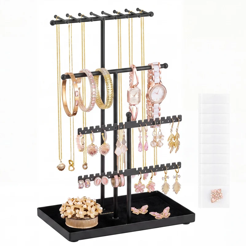 Présentoir à bijoux étagé en acier et velours