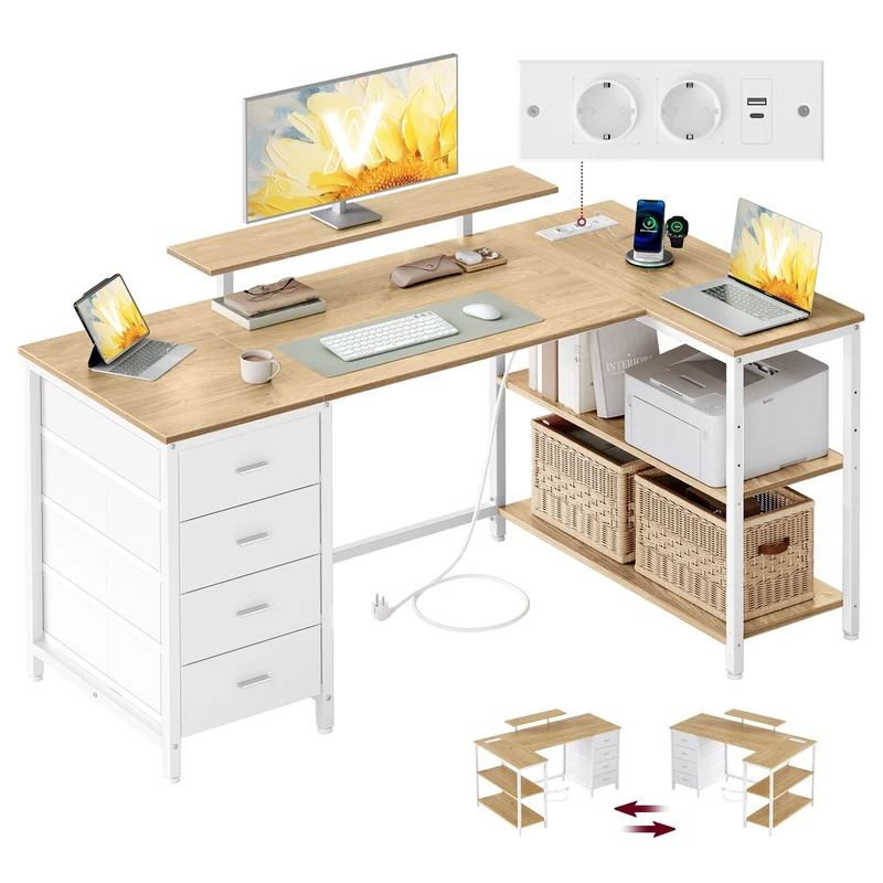 Bureau d’Angle en Forme de L avec 4 Tiroirs