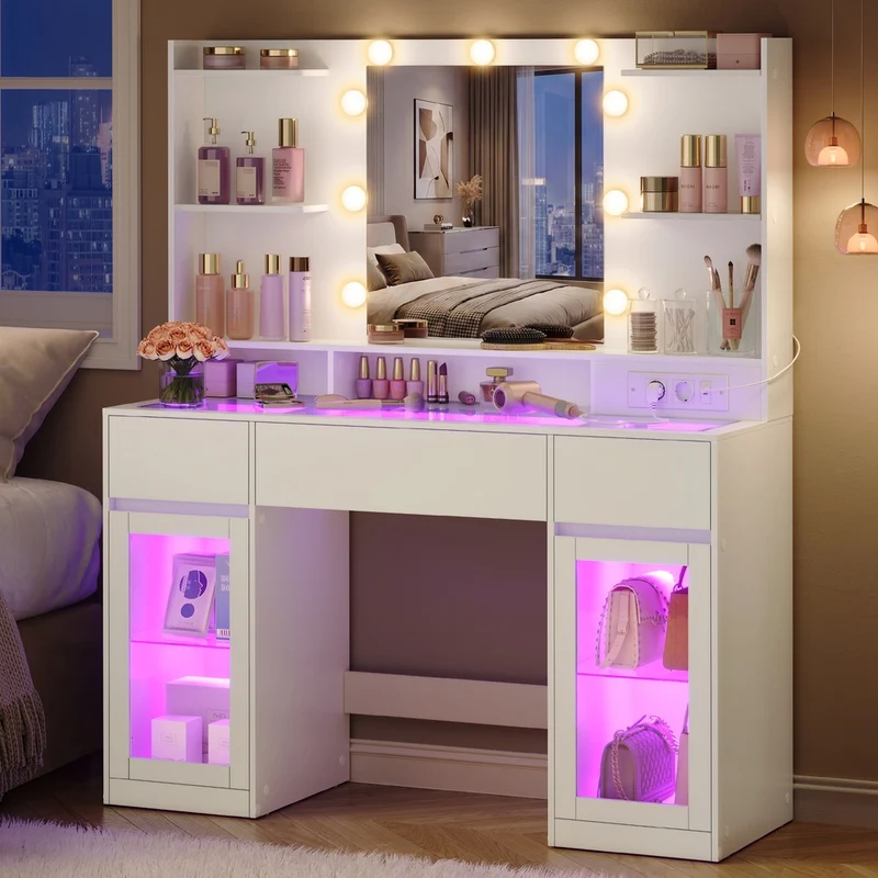 Coiffeuse avec Miroir LED et Éclairage RGB, Prises, Table de Maquillage