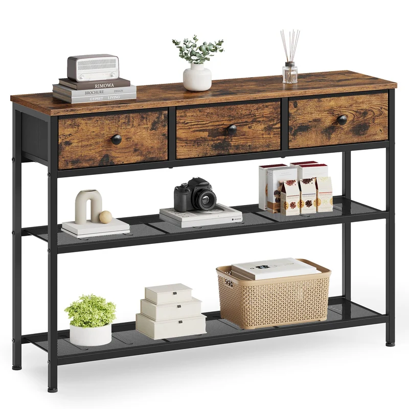 Console avec tiroirs en tissu et étagères pour salon ou entrée