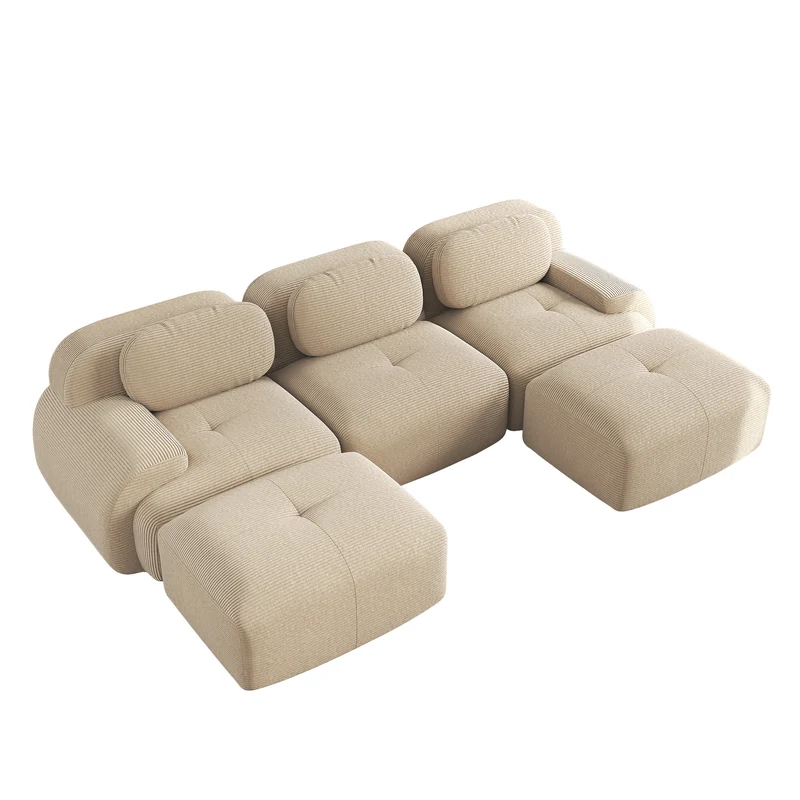 Ensemble de canapés avec accoudoirs incurvés et base antidérapante en tissu velours côtelé doux pour le salon, beige,siège3+tabouret2