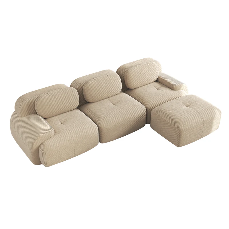 Ensemble de canapés avec accoudoirs incurvés et base antidérapante en tissu velours côtelé doux pour le salon, beige,siège3+tabouret1