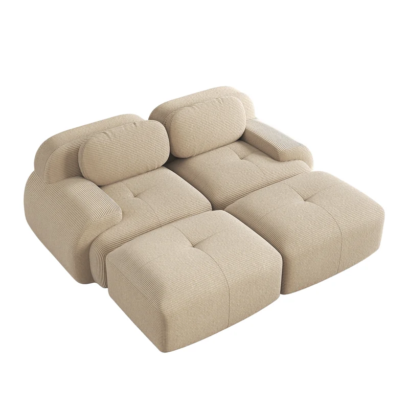 Ensemble de canapés avec accoudoirs incurvés et base antidérapante en tissu velours côtelé doux pour le salon, beige,siège2+tabouret2