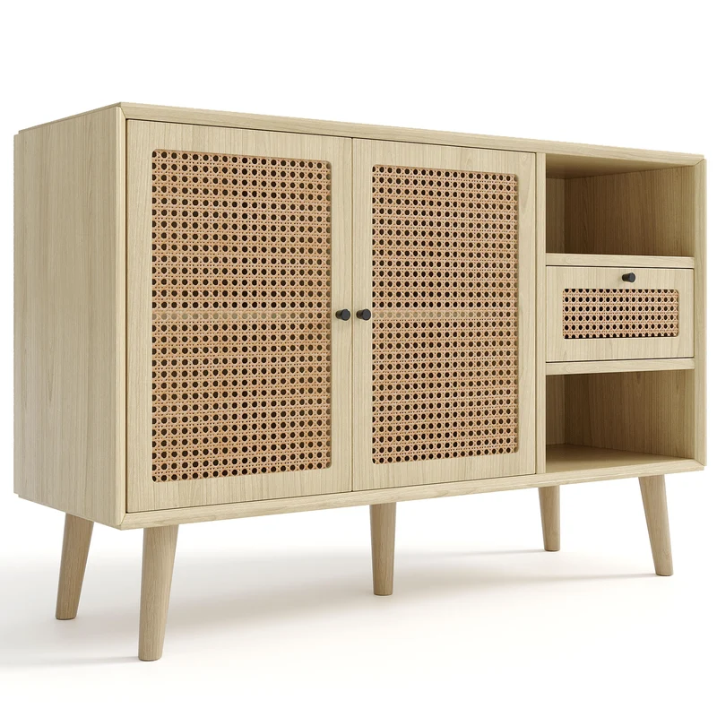 Buffet en bois finition chêne avec 1 tiroir et 2 portes magnétiques en rotin, étagères réglables et pieds en bois massif pour un rangement élégant et pratique. â€?120x40x80 cm