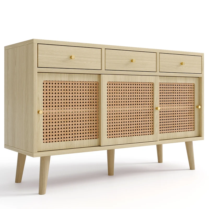 Buffet rétro en bois chêne avec 3 tiroirs, 3 portes coulissantes en rotin et étagères réglables â€?120x40x78 cm