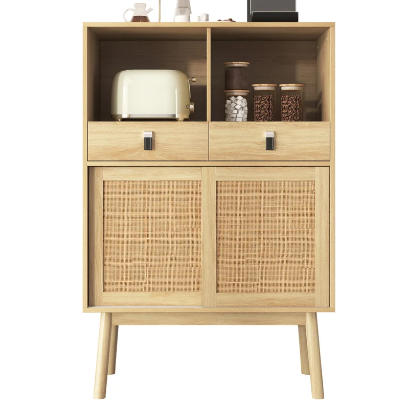 Buffet haut style moderne en bois avec portes en rotin naturel, 2 tiroirs et 2 niches ouvertes - 80x39,5x120 cm
