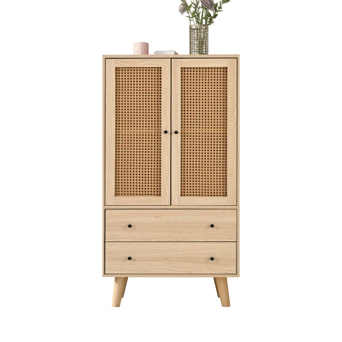 Buffet haut en bois style moderne avec portes en rotin et tiroirs â€?60 x 40 x 120 cm