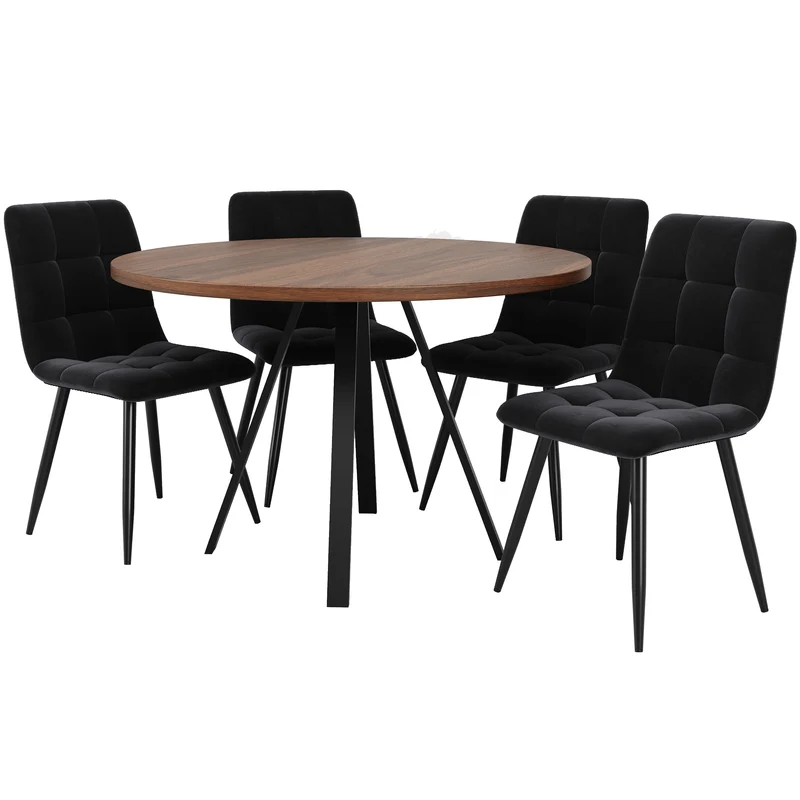 Ensemble table ronde finition noyer Ø80 cm avec 4 chaises en velours noir, style moderne et confortable