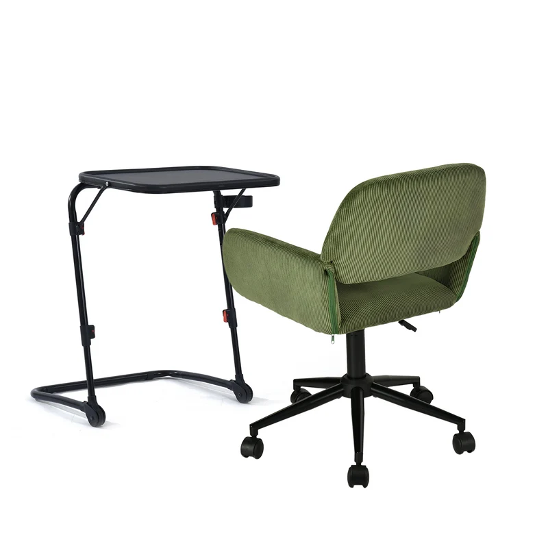 Ensemble avec table d’appoint noire pliable et fauteuil de bureau en velours côtelé vert olive - BASELINE & ROSS