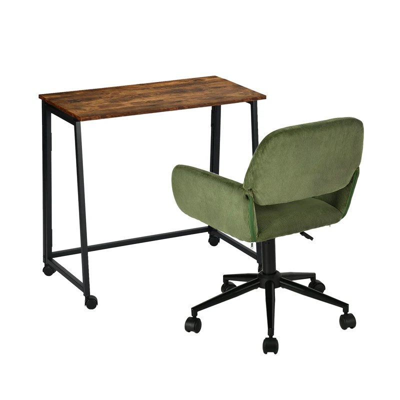 Ensemble avec bureau pliable industriel à roulettes et fauteuil en velours côtelé vert olive - ASCOLI & ROSS