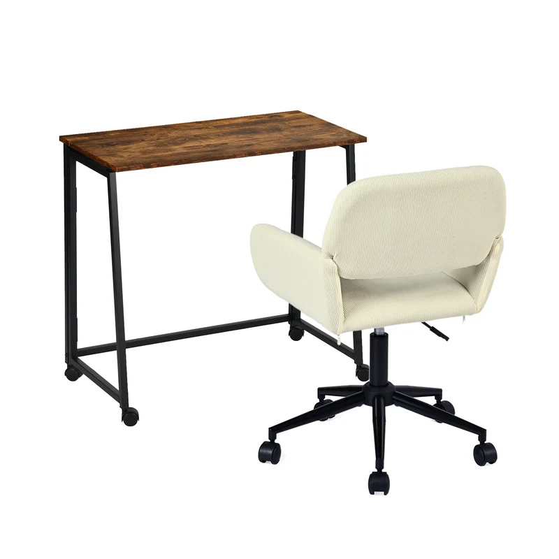 Ensemble avec bureau pliable industriel à roulettes et fauteuil en velours côtelé beige - ASCOLI & ROSS