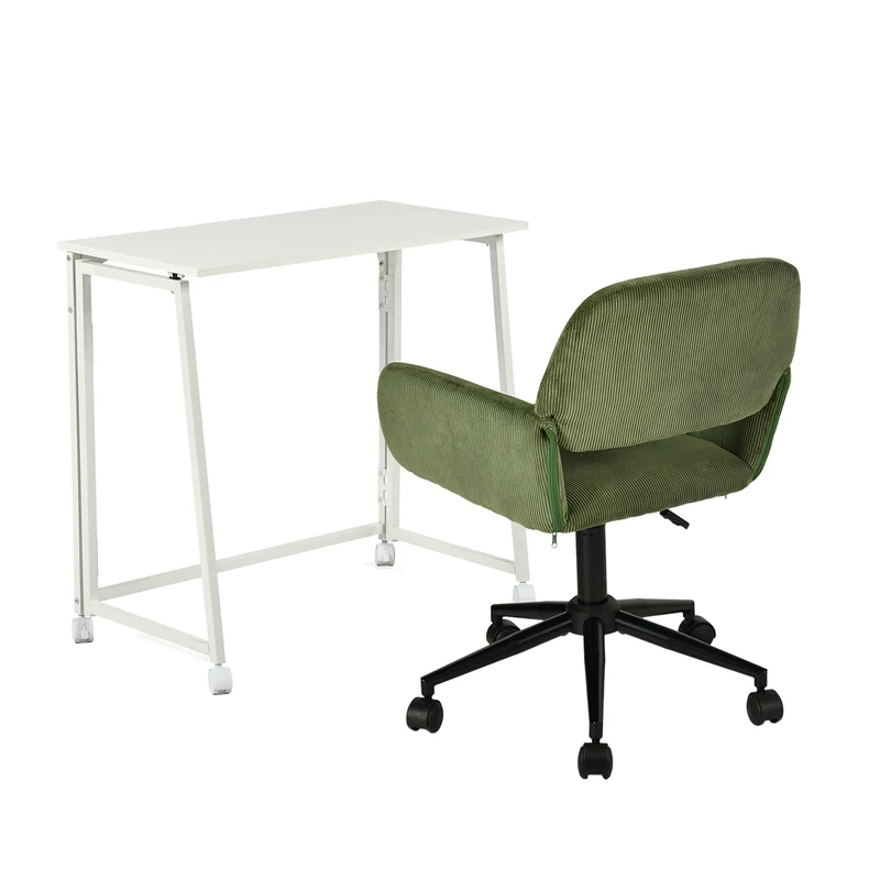 Ensemble avec bureau pliable blanc à roulettes et fauteuil en velours côtelé vert olive - ASCOLI & ROSS