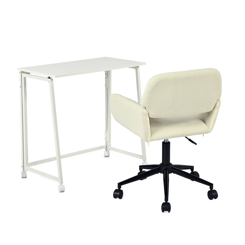 Ensemble avec bureau pliable blanc à roulettes et fauteuil en velours côtelé beige - ASCOLI & ROSS