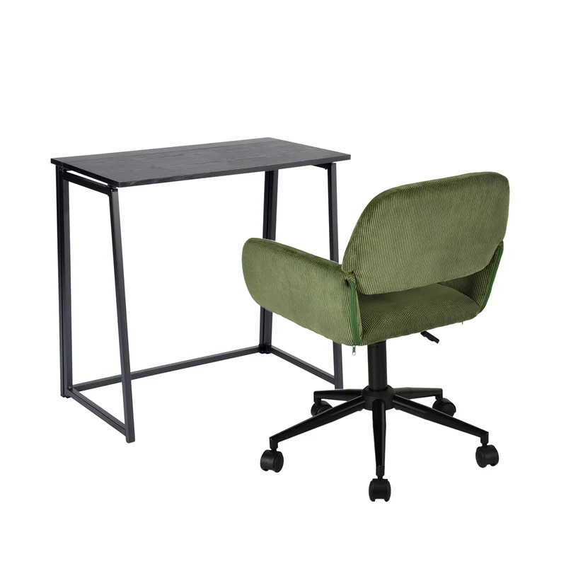 Ensemble bureau pliable en métal noir et fauteuil de bureau en velours côtelé vert olive - ASCOLI & ROSS