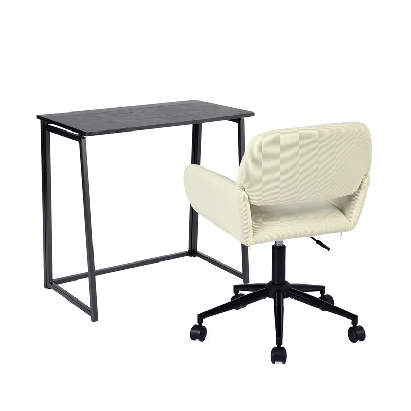 Ensemble bureau pliable en métal noir et fauteuil de bureau en velours côtelé beige - ASCOLI & ROSS