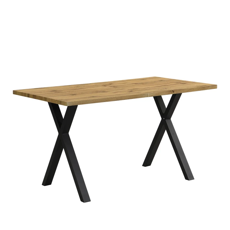 Table à manger industriel moderne 140x80 cm en bois effet chêne avec pieds croisés en métal noir