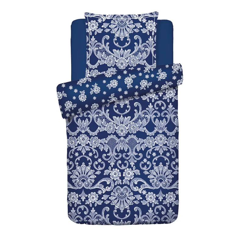 Housse de couette + taie(s) d'oreiller satin de coton - Passementerie bleu