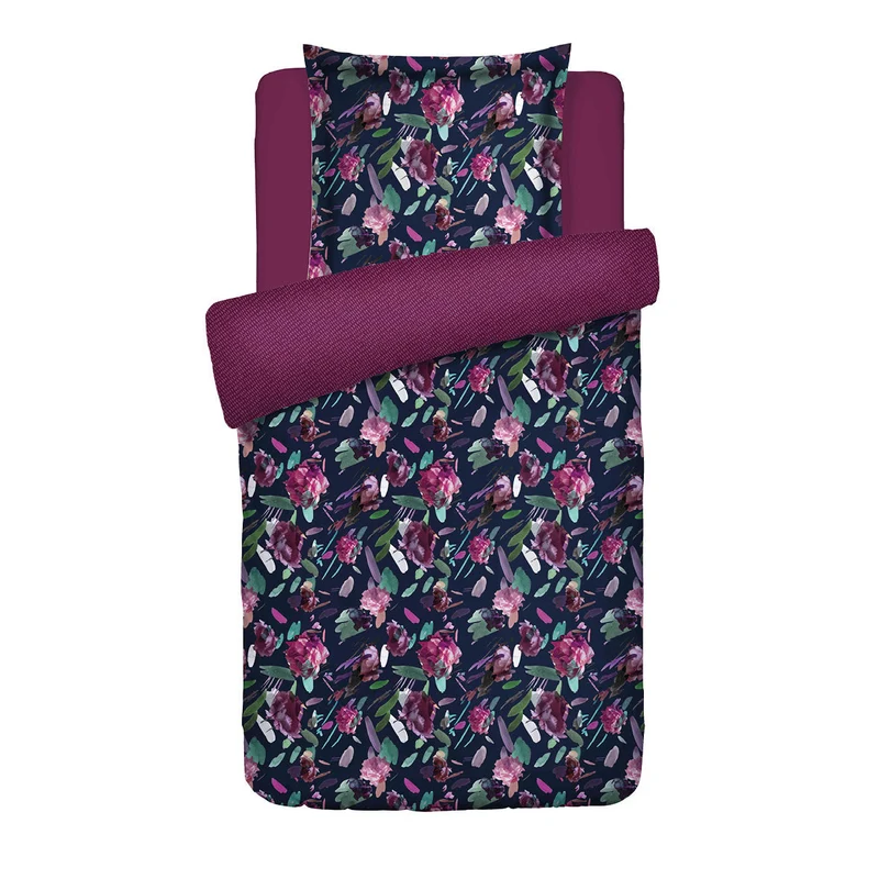 Housse de couette + taie(s) d'oreiller satin de coton - Arty flowers bleu foncé