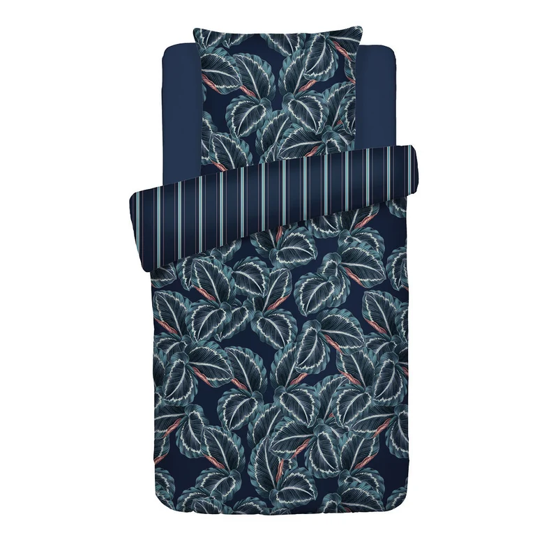 Housse de couette + taie(s) d'oreiller satin de coton - Calathea bleu foncé