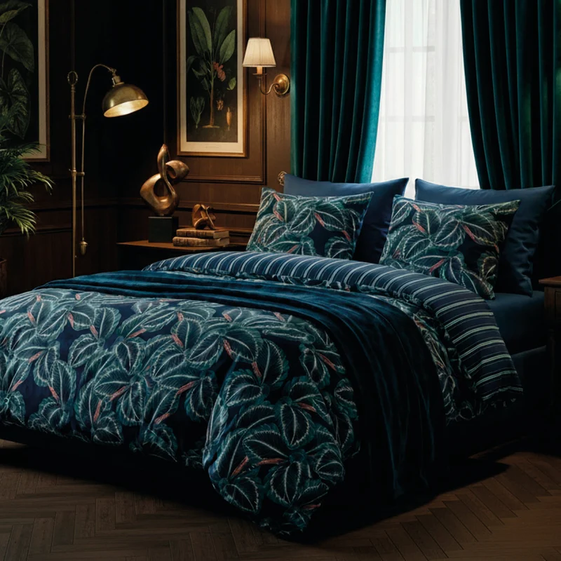 Édredon avec glands satin de coton Calathea Bleu foncé - 140 x 200 cm