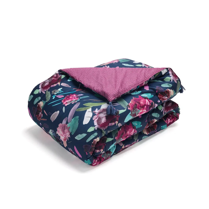 Édredon avec glands satin de coton Arty flowers Bleu foncé - 140 x 200 cm