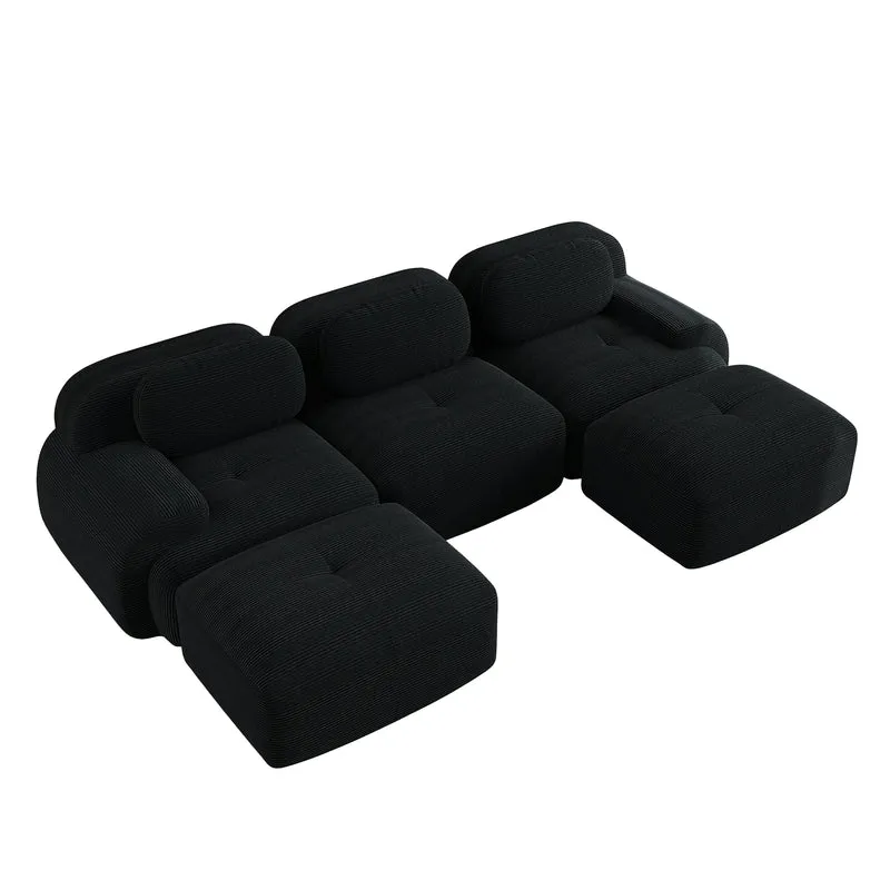 Ensemble de canapés avec accoudoirs incurvés et base antidérapante en tissu velours côtelé doux pour le salon, noir, siège 3 + tabouret 2