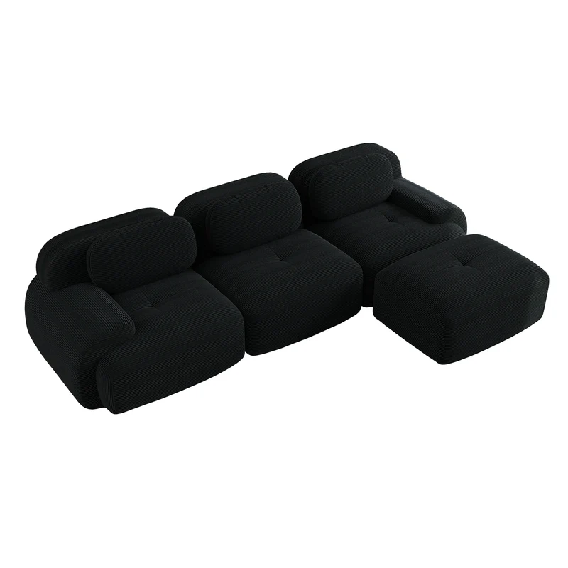 Ensemble de canapés avec accoudoirs incurvés et base antidérapante en tissu velours côtelé doux pour le salon, noir, siège 3 + tabouret 1