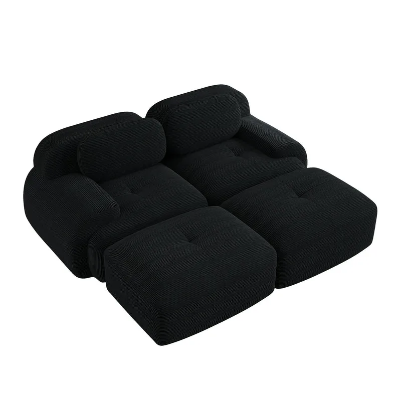 Ensemble de canapés avec accoudoirs incurvés et base antidérapante en tissu velours côtelé doux pour le salon, noir, siège 2 + tabouret 2
