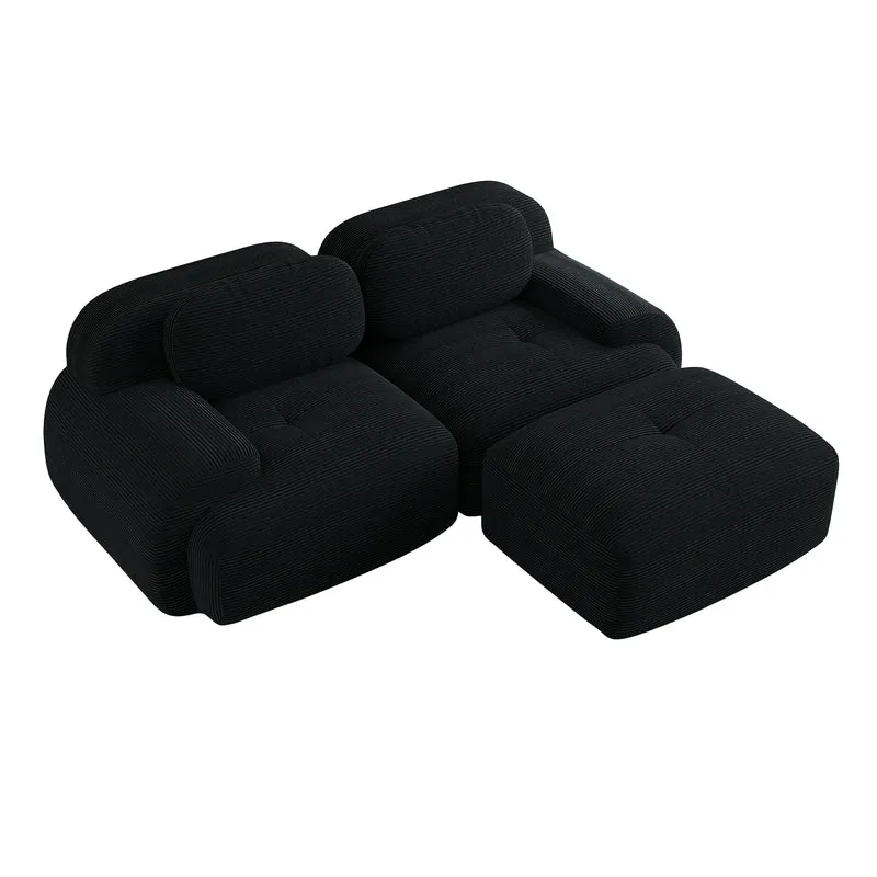 Ensemble de canapés avec accoudoirs incurvés et base antidérapante en tissu velours côtelé doux pour le salon, noir, siège 2 + tabouret 1